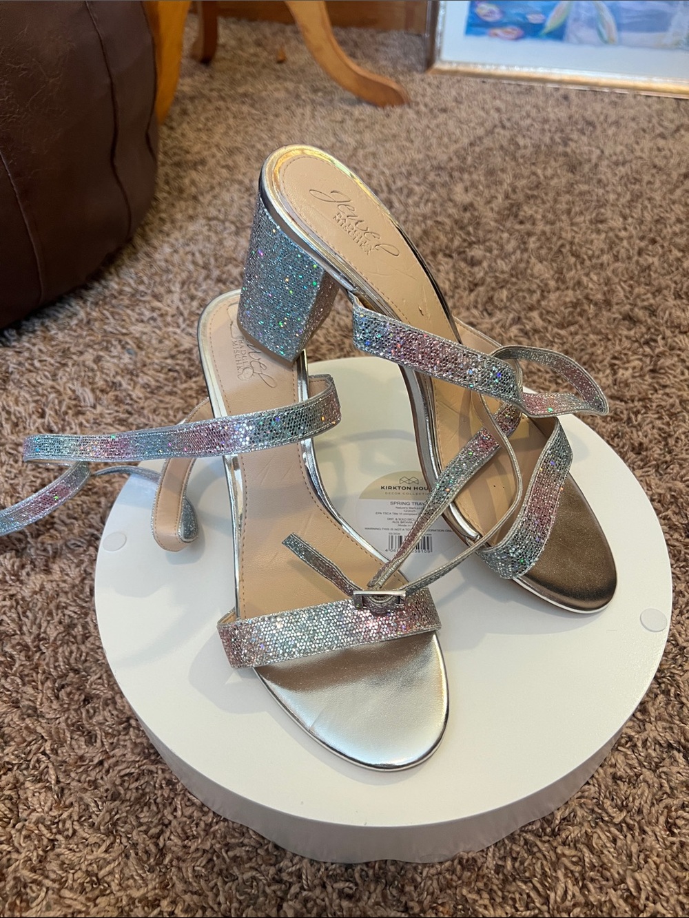 Jewel Badgley Mischka Silver Glitter Strap Block Heels